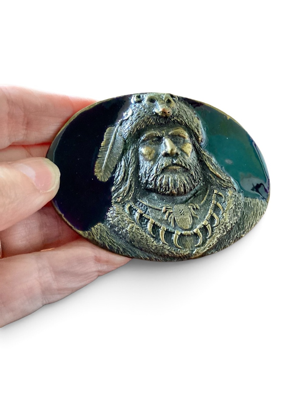 Vintage 1993 Bergamot A-66 Mountain Man Bear Headdress Belt Buckle USA
